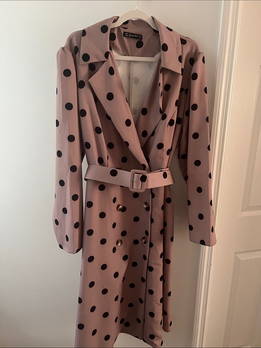Polka Dot Long-Sleeve Trench Dress — Taupe with Black Dots